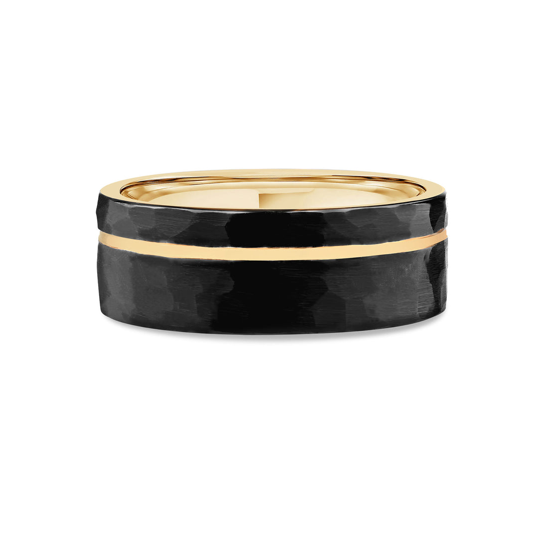 Black Hammered Tungsten Ring with Gold Groove - 8mm