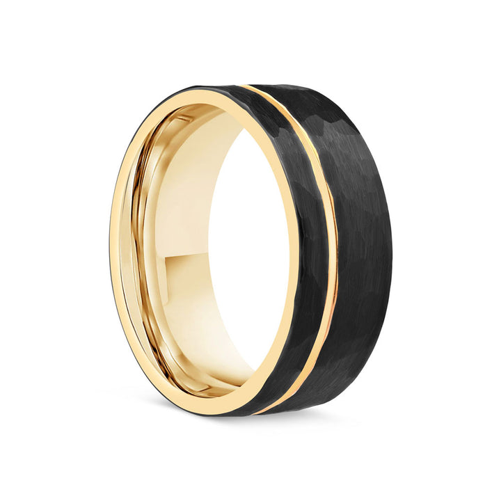 Black Hammered Tungsten Ring with Gold Groove - 8mm