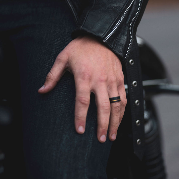 Black Hammered Tungsten Ring with Gold Groove - 8mm