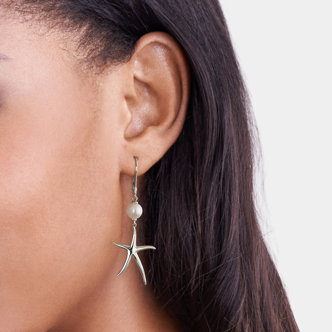 Sterling Silver Starfish Pearl Drop Earrings