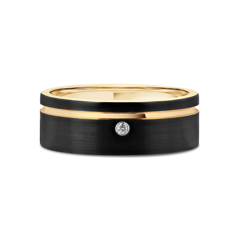 Tungsten Ring in Satin Black with Gold Groove and Imitation Diamond Accent