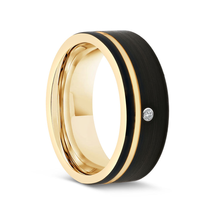 Tungsten Ring in Satin Black with Gold Groove and Imitation Diamond Accent