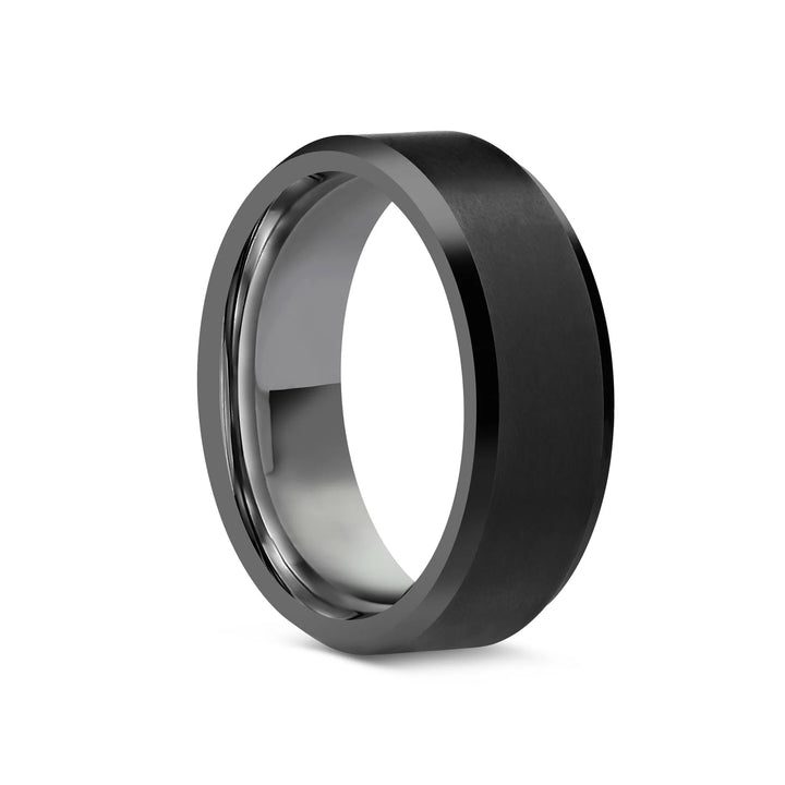 Black Tungsten Ring with Satin Finish and Polished Beveled Edge